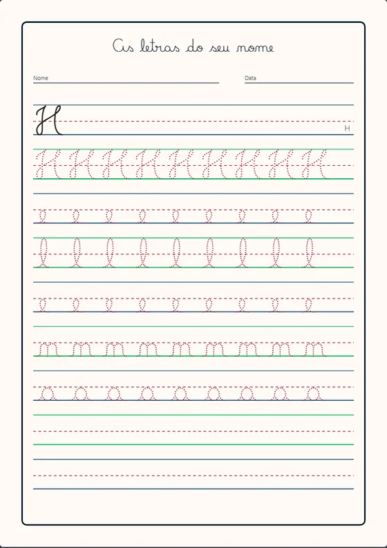 Folha de caligrafia com as letras do nome Helena em pontilhado para cobrir