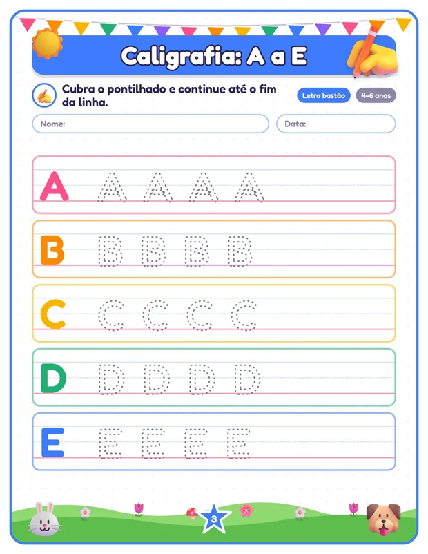 Folha de caligrafia com letras pontilhadas para cobrir
